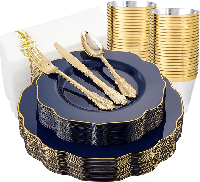 NOCCUR 175PCS Blue Plastic Plates with Disposable Silverware - Include 50 Blue Disposable Plates with Gold Rim,75 Gold Cutlery,25 Cups,25Napkins for Party/Wedding/Graduation/Memorial Day