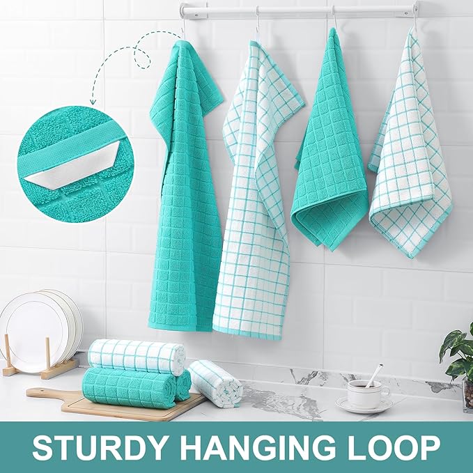 Homaxy Premium Cotton Kitchen Towels 16"x 28", Large Natural Ring Spun 390 GSM Dish Towels, Super Absorbent Terry Kitchen Hand Towels, Soft Tea Towels with Hanging Loop, Aqua Check Design, 12 Pack