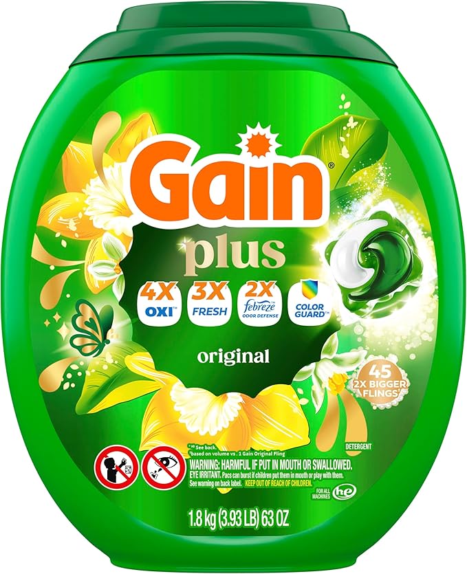 Gain Plus Flings Liquid Laundry Detergent Pacs, Gain's Best Clean, All-In-One, Original Scent, 45 Count