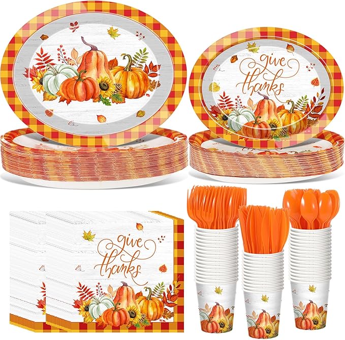Havawish 350 Pcs Fall Thanksgiving Party Supplies Give Thanks Tableware Set Orange Buffalo Plaids Pumpkin Disposable Oval Plates Cups Napkins Fork Knife Spoon Dinnerware for Autumn Party Table Decor
