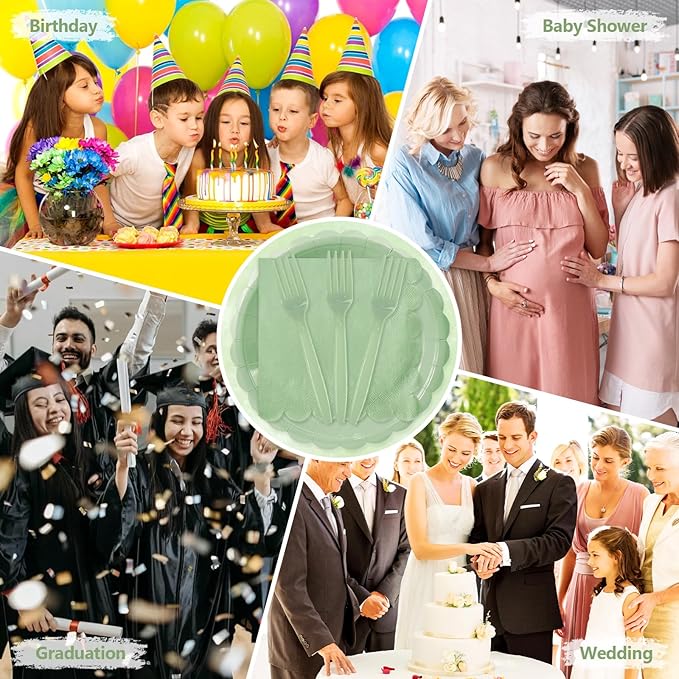Mulbozy 75 Sage Green Plates and Napkins Disposable Set Includes 25 Dessert Cake Scalloped Plates, Cocktail Napkins & Forks, for Fork 25 Guests Holiday Party Supplies.
