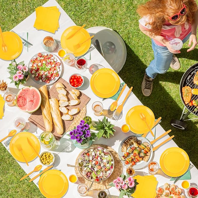 228PCS Yellow Party Supplies Set Include Paper Plates Cups Paper Napkins Plastic Spoons Forks Knives for 30 Guests Disposable Party Dinnerware for Birthday Wedding Family Picnic