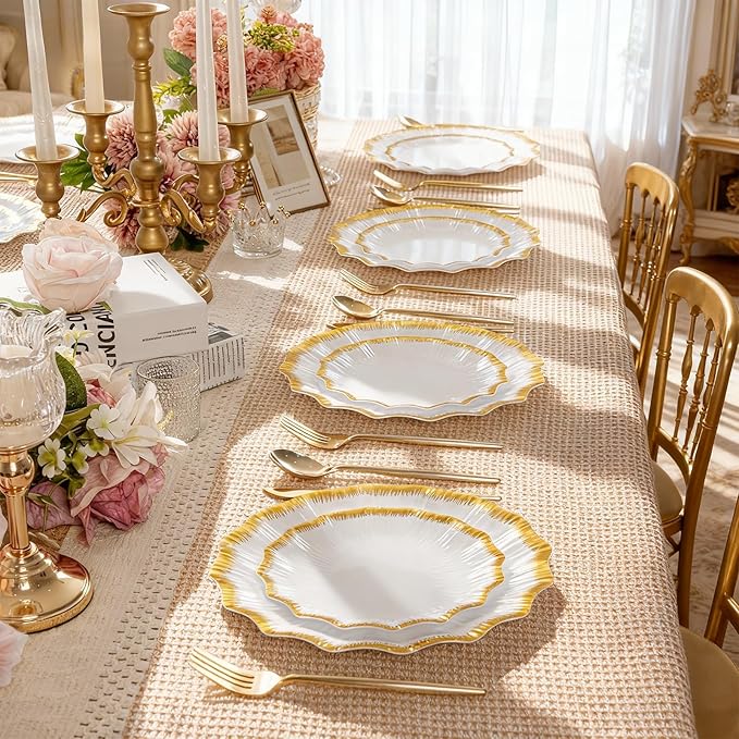 DaYammi 60Pcs White Plastic Plates with Gold Rim,Gold Disposable Plates - Heavy duty Plastic Plates Include 30 Dessert Plate,30 Dinner Plate,White gold Scalloped plates for Party Wedding