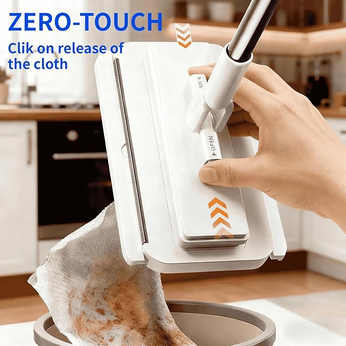Press Grip Mini Mop, Zero-Touch Gap Dust Cleaner with 39in Lazy Mop & Hands-Free Lock Head, Disposable Dust Mop for House Wall Bathroom Toilet Corners Multi Surface Cleaning with 5 Cloths