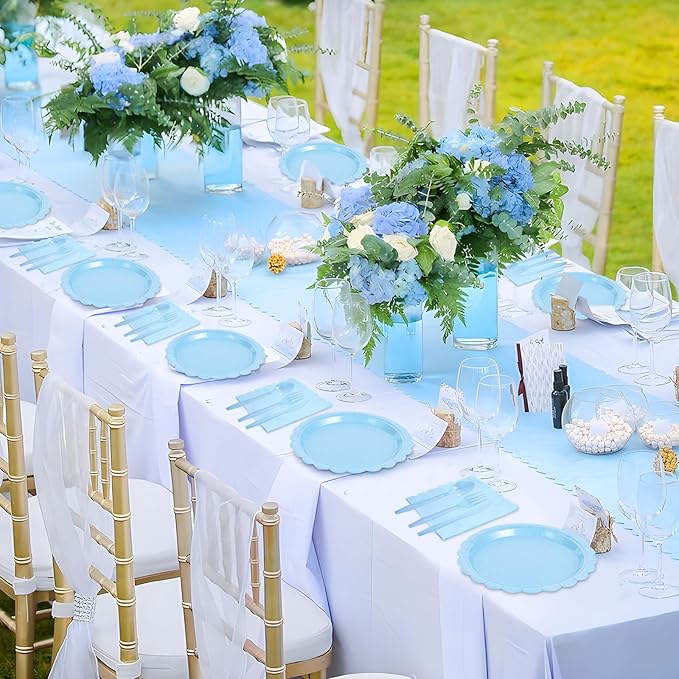 175 Pcs Light Blue Paper Plates and Napkins, Boy Baby Shower Decorations Include Blue Scalloped Plates Napkins Cups for Kindergarten Graduation, Birthday, Bridal Shower, Wedding