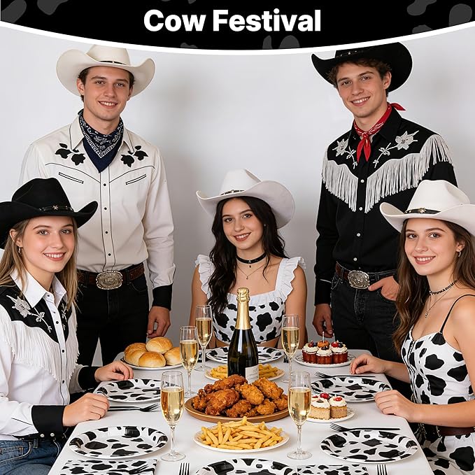 100 Pcs Cow Themed Party Supplies for 25 Guests, Heavy-Duty 7" & 9" Paper Plates, 2-Ply 13" Napkins & Plastic Forks, Disposable Cow Print Tableware Set for Farm Western Theme Party