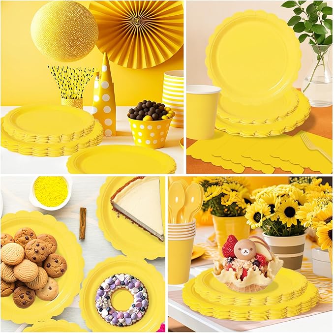 Vyntra 175 Pcs Yellow Disposable Paper Plates and Napkins Set for 25, 9" Dinner Plates & 7" Dessert Plates, Tableware for Birthday, Baby Shower, Picnic, Party