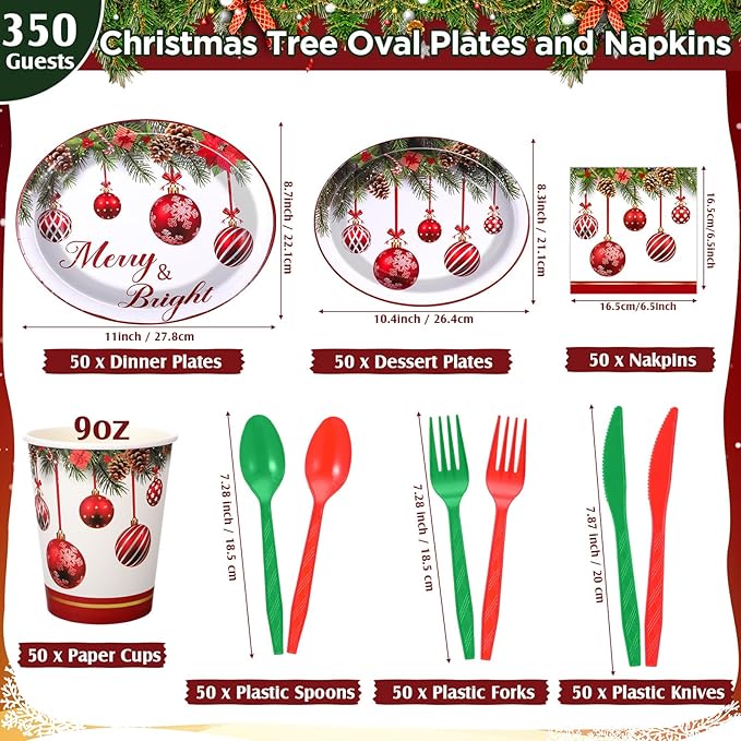 Havawish 350 Pcs Christmas Party Supplies Red Christmas Ball Disposable Tableware Set Oval Paper Plates Cups Napkins Fork Knife Spoon Dinnerware for Winter Xmas Holiday Party Table Decorations