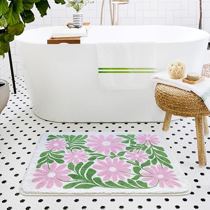 SHIYUE Cute Flower Bath Mat for Bathroom Rugs, Ultra Soft and Fluffy Microfiber Water Absorption Non Slip Mat for Bedroom Kitchen Bathroom Toilet Floors(18"×26" Green Pink)