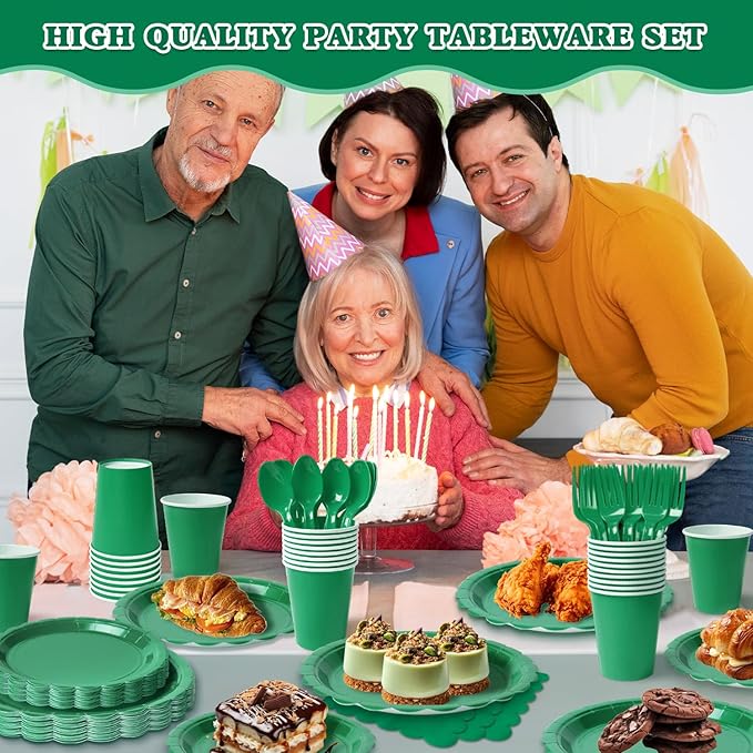 Vyntra 350 Pcs Green Paper Plates and Napkins Set for 50, 9" Dinner Plates & 7" Dessert Plates, Tableware for Birthday Party