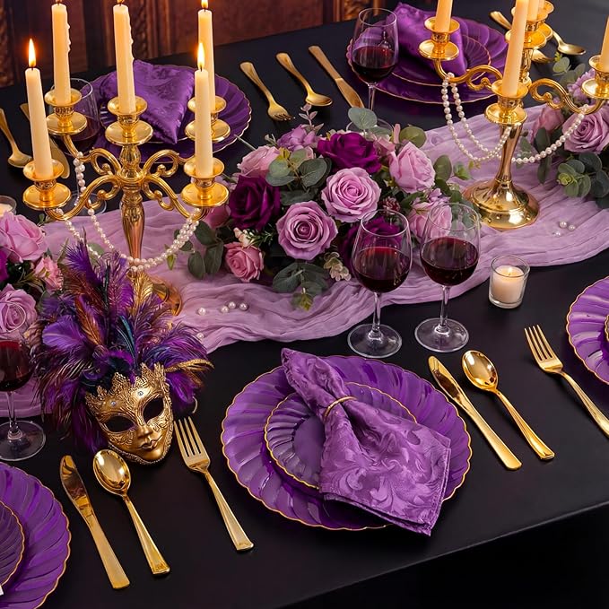 YOUBET 125PCS Purple Plastic Dinnerware Set - Gold and Clear Purple Disposable Plates Include 50 Plastic Plates 75 Silverwares for Wedding Birthday Parties & Party