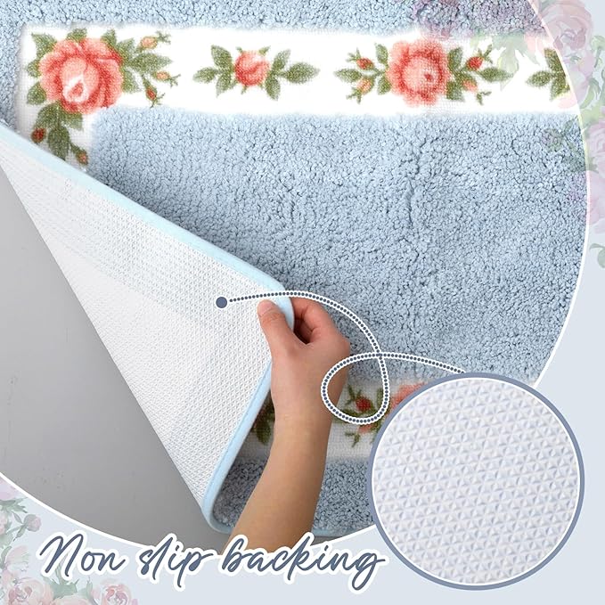 Drydiet 3 Pcs Rose Flowers Bathroom Rugs Set Coquette Room Decor Floral Carpet for Bathroom Bedroom Living Room, Floral Bath Mat Non Skid Romantic Rose Flower Area Rugs 3 Shapes(Blue,Small)