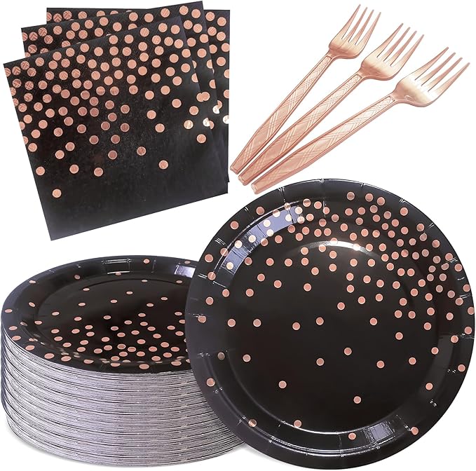 Serve 35 Guests Black and Rose Gold Party Supplies,7 Inch Black and Rose Gold Paper Plates and Napkins for Wedding Birthday,Retirement,Father's Day