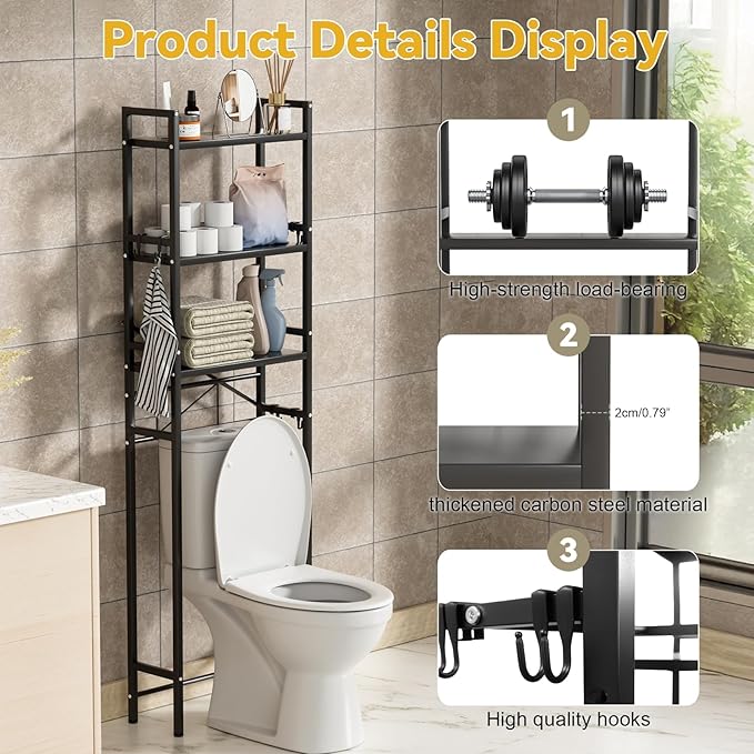 Over The Toilet Shelf, 3-Tier Adjustable Freestanding Metal Bathroom Organizer Shelves with Hooks,Space-Saving for Narrow Small Bathroom,18.9" Wx7.9 D x65 H