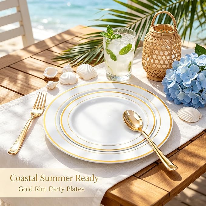 FLOWERCAT 60PCS Gold Plastic Plates - Heavy Duty White and Gold Plastic Plates Disposable for New Year Party/Wedding - Include 30PCS 10.25" Dinner Plates and 30PCS 7.5" Dessert Plates
