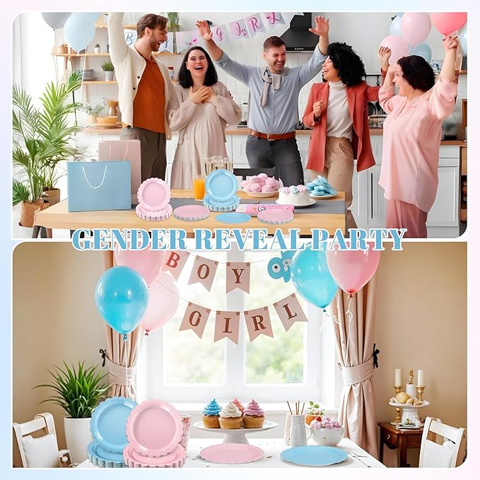 NatNarr 30 Pcs Gender Reveal Plates 9 Inch Disposable Scalloped Pink and Blue Plates Cute Dessert Cake Dinner Plate for Baby Shower, 1st Birthday