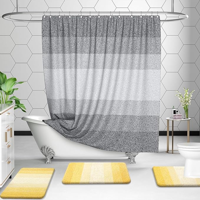OLANLY Bathroom Rugs Sets 3 Piece, Soft Absorbent Microfiber Bath Mats and U-Shaped Contour Toilet Rug, Plush Shaggy Bath Mat Set for Bathroom (47"x20"+24"x16"+24"x20", Yellow)