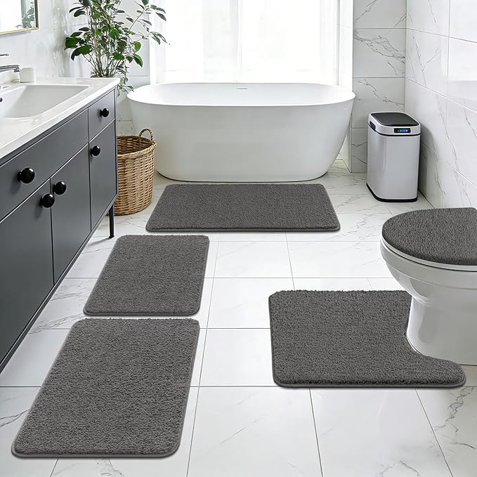 SHACOS Microfiber Bathroom Rugs Set 5 Pieces with Toilet Lid Cover Ultra Soft Absorbent Bath Mat U Shape Contour Rug for Bathroom, Non Slip Machine Washable Bath Runner Rugs for Bedroom, Kitchen, Grey