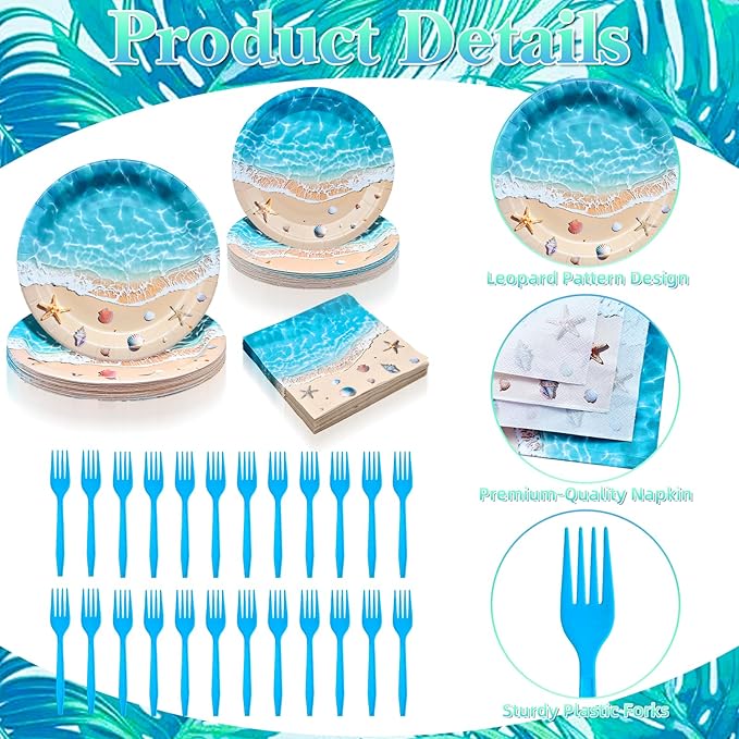 100 Pieces Beach Party Tableware Set – Ocean Wave Disposable Plates, Napkins and Forks, Seashell Starfish Summer Pool Party Supplies for Birthday, Beach Theme and Tropical Decorations