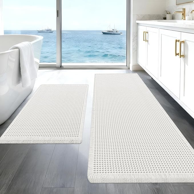 Upgraded Waffle Bath Mat Set 2 Piece White, Super Absorbent Non-Slip Quick Dry Bathroom Rugs with Tassels, Machine Washable Ultra Soft Boho Bath Rugs for Floor, Toilet Mats Boho Farmhouse Decor