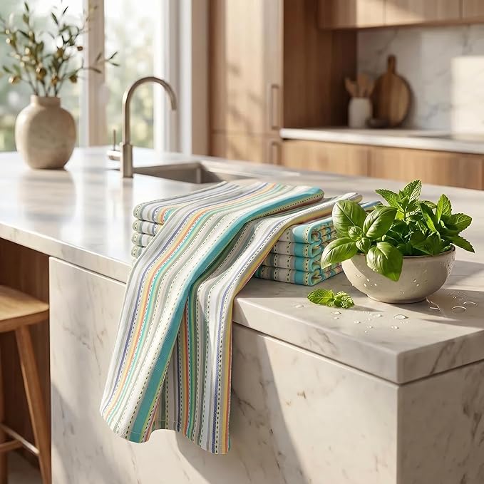 Urban Villa Kitchen Towels 100% Cotton Dish Towels for Kitchen(Set of 6)20”x30” Dish Cloths Highly Absorbent Kitchen Linen Set with Hanging Loop Perfect for Drying Dishes Cleaning Towels-Beige Stripes