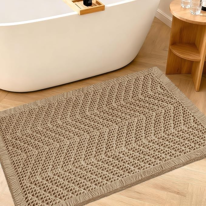 Upgraded Waffle Bath Mat, 36"x24" Beige-Herringbone, Super Absorbent Non-Slip Quick Dry Bathroom Rugs with Tassels, Machine Washable Ultra Soft Boho Bath Rugs, Toilet Mats Boho Farmhouse Decor