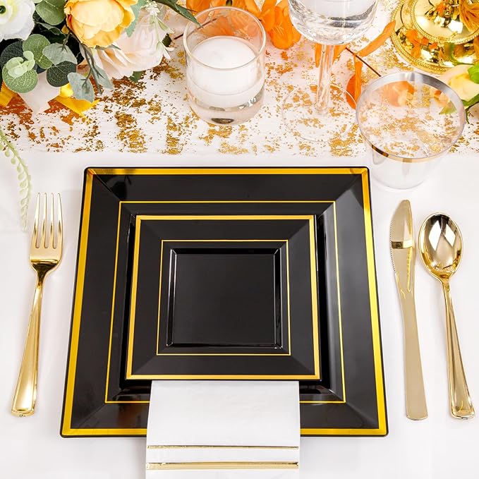 Festiva 350Pcs Black and Gold Plastic Plates-50Guests Disposable Square Black Dinnerware Set include 100 Plastic Plates,50Cups,150Plastic Cutlery,50Napkins for Birthday Party &Wedding&Graduation