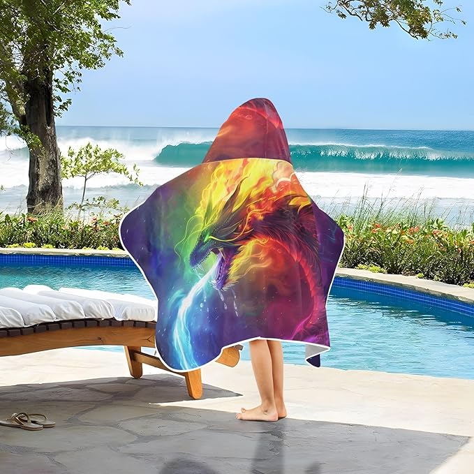 SUABO Kids' Bath Towels Fire Dragon Rainbow Hooded Towels for Boys Girls,Toddler Towels Multi-Purpose for Beach,Pool and Bathroom,23.5" x 50", Soft and Highly Absorbent