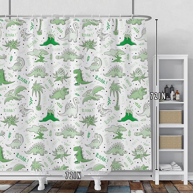Baocicoo Cute Cartoon Dinosaur Shower Curtain Sets Green Animals Plants Bath Curtain for Boys Girls Bathroom Decorations Polyester Fabric Waterproof Curtains for Bathroom with Hooks 72x72 Inches