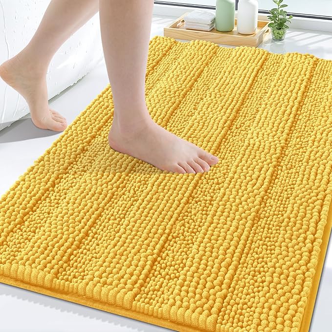 Grandaily Chenille Striped Bathroom Rugs 47x17, Extra Thick and Soft Absorbent Bath Mats, Rubber Backing, Plush Shaggy Shower Carpet, Machine Wash Dry, Bath Rug for Bathroom, Light Yellow