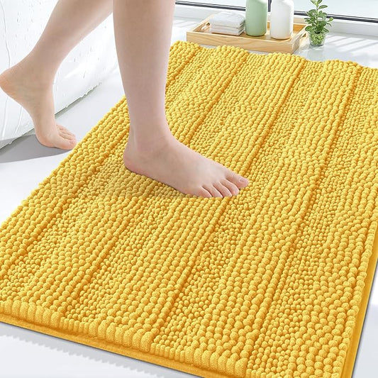Grandaily Chenille Striped Bathroom Rugs 47x17, Extra Thick and Soft Absorbent Bath Mats, Rubber Backing, Plush Shaggy Shower Carpet, Machine Wash Dry, Bath Rug for Bathroom, Light Yellow
