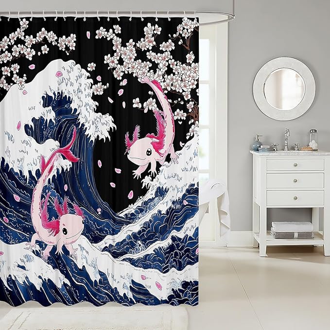 Axolotl Shower Curtain Ukiyoe Sea Waves Bath Curtain for Kids Child,Pink Cherry Blossom Shower Curtain Set Big Pike Fish Nautical Sea Animal Floral Flowers Kawaii Bathroom Decor 72"Wx72"L