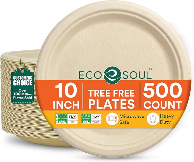 ECO SOUL Compostable Paper Plates 10 Inch, 500 Pack – Heavy Duty Disposable Paper Plates, Biodegradable Sugarcane Bagasse, Durable & Microwave Safe, Unbleached Round Dinner Plates for Party, Picnic