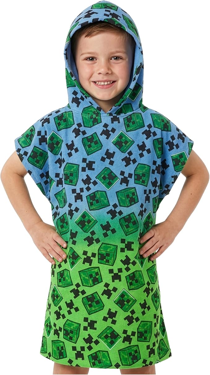 Minecraft Towelling Poncho Kids Teens Hooded Bath Towels Absorbent Beach Towel (Multi, 10-13 Years)