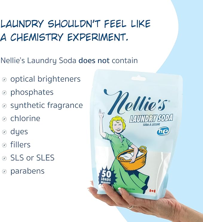 Nellie's Laundry Soda - Concentrated Laundry Detergent Powder - 50 Load Pouch - Gentle on Skin and Environment - Fragrance-Free - Made in Canada