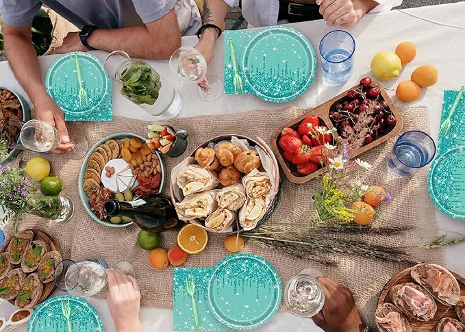 72 Pcs Teal Glitter Paper Plates 7in Disposable Paper Dessert Plates Napkins and Forks Party Tableware Set Happy Birthday Table Decorations for 24 Guests Blue Green Silver Birthday Wedding Theme Party