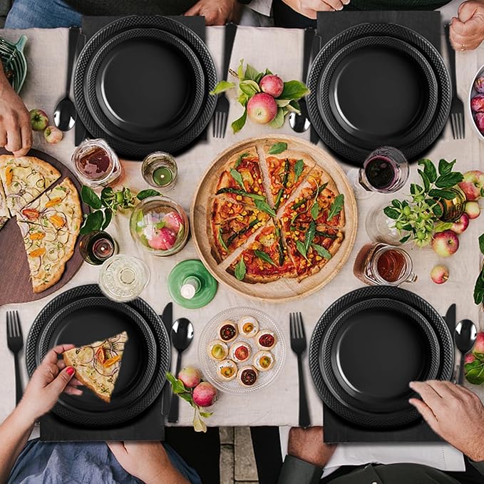 Black Plastic Plates, 25 Guest Disposable Dinnerware Set for New Year, Black Party Supplies, Includes 25 Dinner Plates, 25 Dessert plates, 25 plastic Cutlery, 25 Napkins and 25 12 oz Cups