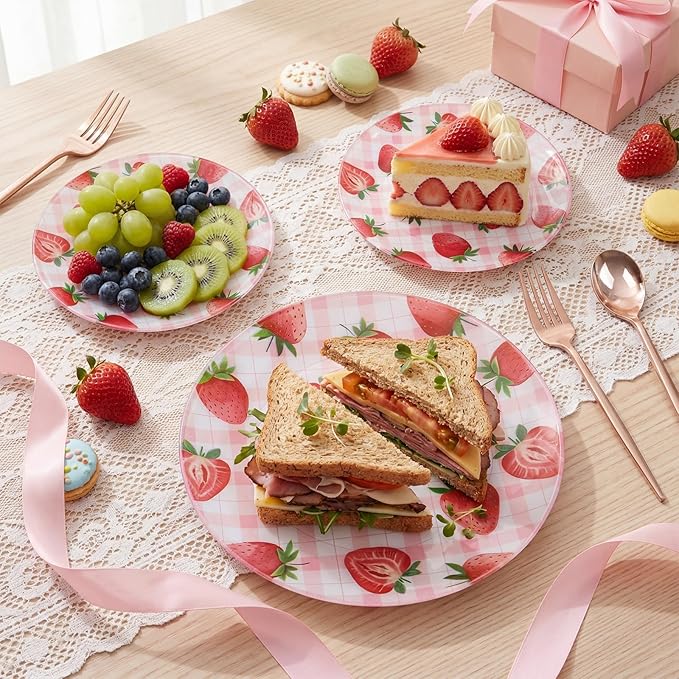 Liacere 32Pcs Strawberry Plastic plates - Strawberry Checkered Disposable Tableware - 16 Dessert Plates, 16 Dinner Plates, Ideal for Spring Picnics, Parties, Birthdays, and Gatherings