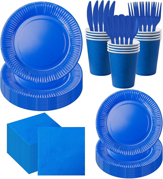 210pcs Blue Plates And Napkins Party Supplies -Plastic Silverware, Paper Cups And Plates.Napkinsdisposable Party Cutlery Set Serves 30