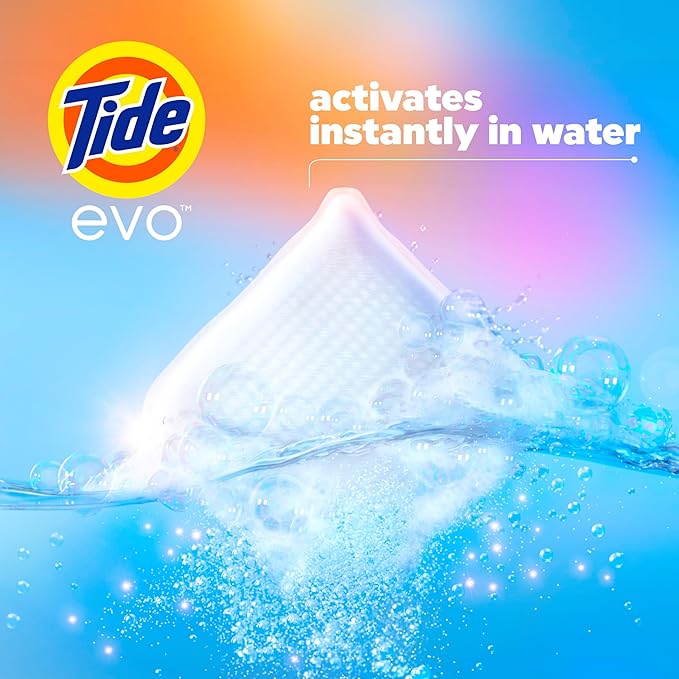 Tide evo Spring Blast Scent Laundry Detergent Fiber Tiles Works on 100% of Common Stains Safe for All Machines and Water Conditions Concentrated HE Compatible Clean and Instant Dissolve, 16 Count