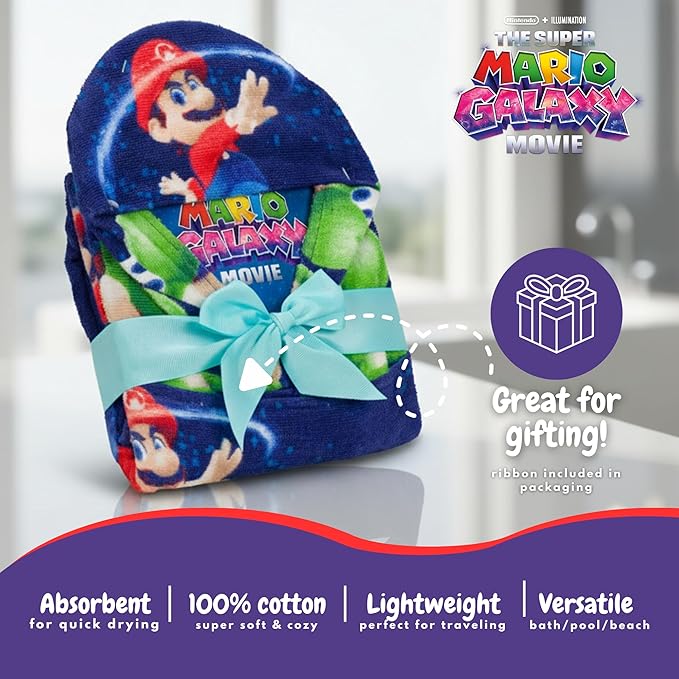 The Super Mario Galaxy Movie Kids Super Soft Bath/Pool/Beach Soft Cotton Terry Hooded Towel Wrap, 24 in x 50 in, Mario & Luigi, (100% Officially Licensed Product) by Franco