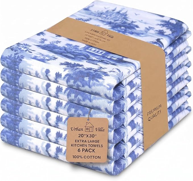 Urban Villa Kitchen Towels Set of 6 French Toile Kitchen Towels 20X30 Inches 100% Cotton Highly Absorbent Kitchen Towels Premium Quality Ultra Soft Mitered Corners KitchenTowels