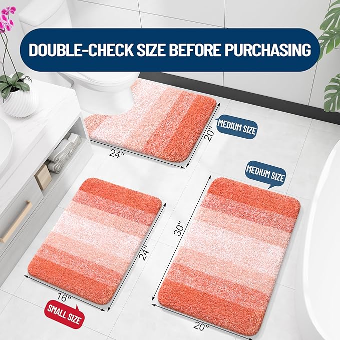 OLANLY Luxury Toilet Rugs U-Shaped 24x20, Extra Soft and Absorbent Microfiber Bathroom Rugs, Non-Slip Plush Shaggy Bath Mat, Machine Wash Dry, Contour Bathroom Mats for Toilet Base, Coral