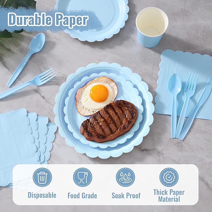 Fijinhom Light Blue Paper Plates Set, 175 PCS Party Supplies, Disposable Dinnerware Set for 25 Guests, Light Blue Paper Plates Napkins Cups Blue Plastic Forks Knives Spoons for Wedding Festivals