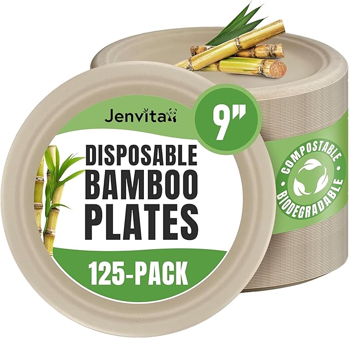Jenvita Bamboo Paper Plates Compostable (125-Pack, 9-inch) | Sturdy & Microwave Safe | Heavy Duty Brown Disposable Plates | PFAS Free, Biodegradable | FSC Certified Alternative to Plastic
