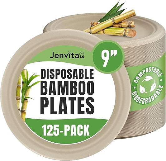 Jenvita Bamboo Paper Plates Compostable (125-Pack, 9-inch) | Sturdy & Microwave Safe | Heavy Duty Brown Disposable Plates | PFAS Free, Biodegradable | FSC Certified Alternative to Plastic