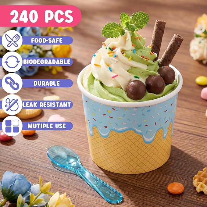 Jingmore 240 Set Paper Ice Cream Cups Bulk with Spoons 4 oz Disposable Sundae Bowls Colorful Paper Dessert Cups Containers for Snack Yogurt Soup Summer Bar Party Supplies
