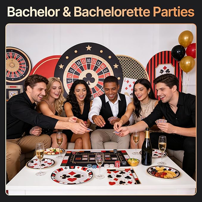 100 Pcs Casino Party Supplies for 25 Guests, Heavy-Duty 7" & 9" Paper Plates, 2-Ply 13" Napkins & Plastic Forks, Disposable Tableware Set for Casino Night Vegas Game Night and Poker Party