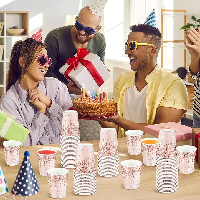 CHUNNIN 50Pcs Rose Gold Birthday Party Paper Cups 9oz Pink Golden Party Cups Supplies Rose Gold Theme Party Disposable Cup for Women girls Birthday Wedding Baby Shower Party Favors Decorations
