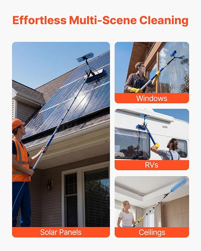 VEVOR Solar Panel Cleaning Kit, 33 ft, Water Fed Pole Kit with Cleaning Brush, Soap Dispenser, Extendable Aluminum Telescopic Pole, 180° Rotatable Brush Head, for Roof Mounted Solar Panels, Windows